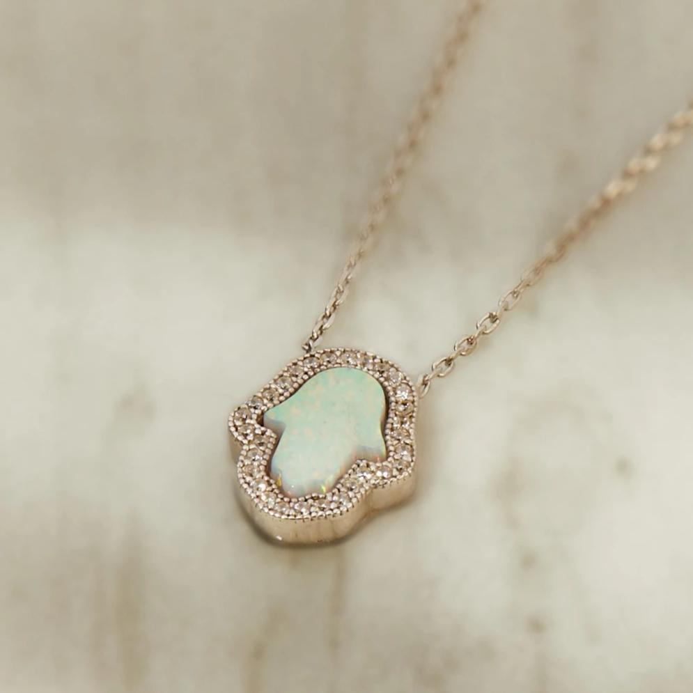 Hamsa Opalite Necklace White Silver