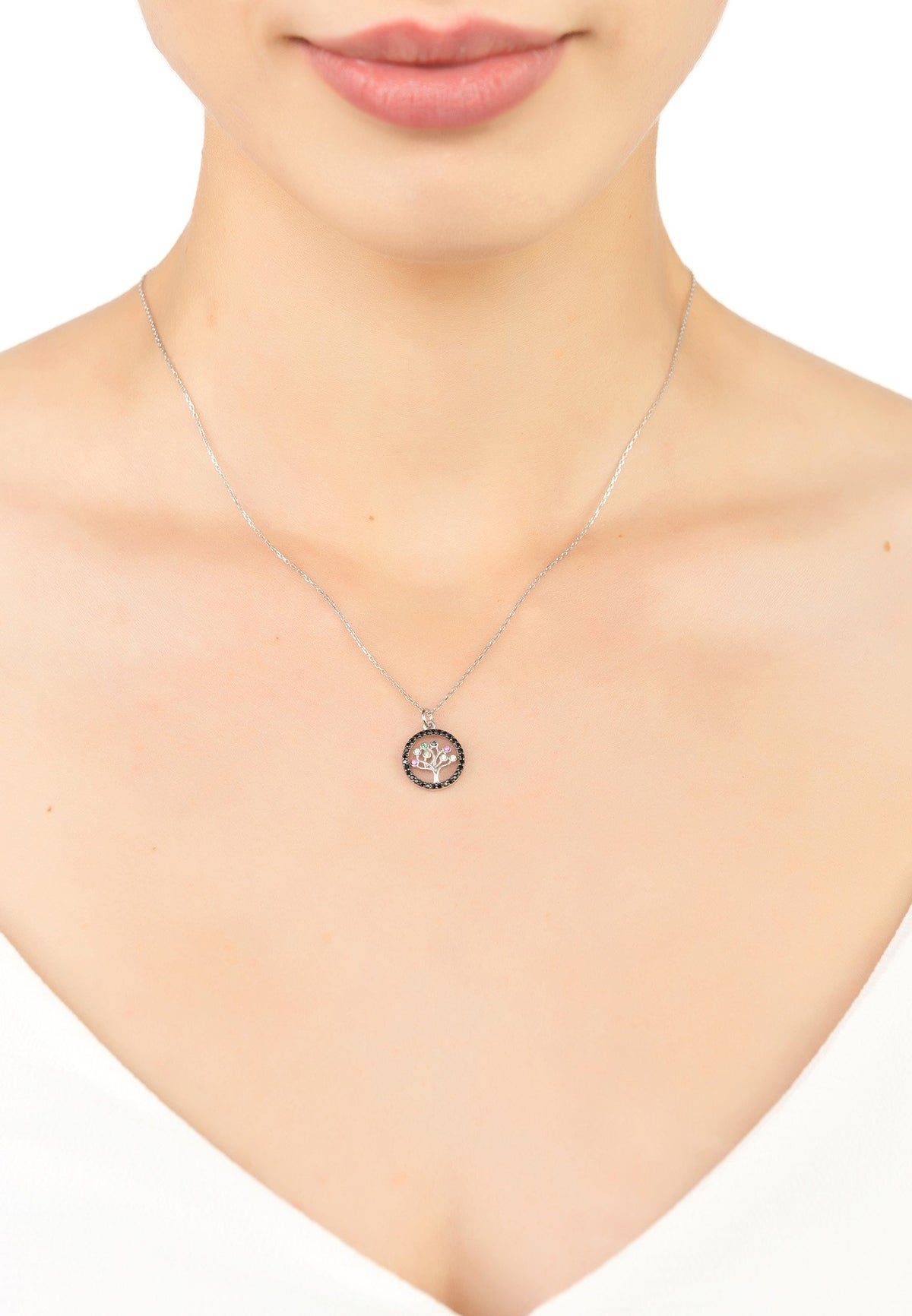 Tree of Life Chakra Pendant Necklace Black Silver