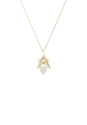 Pearl Gemstone Bee Pendant Necklace Gold