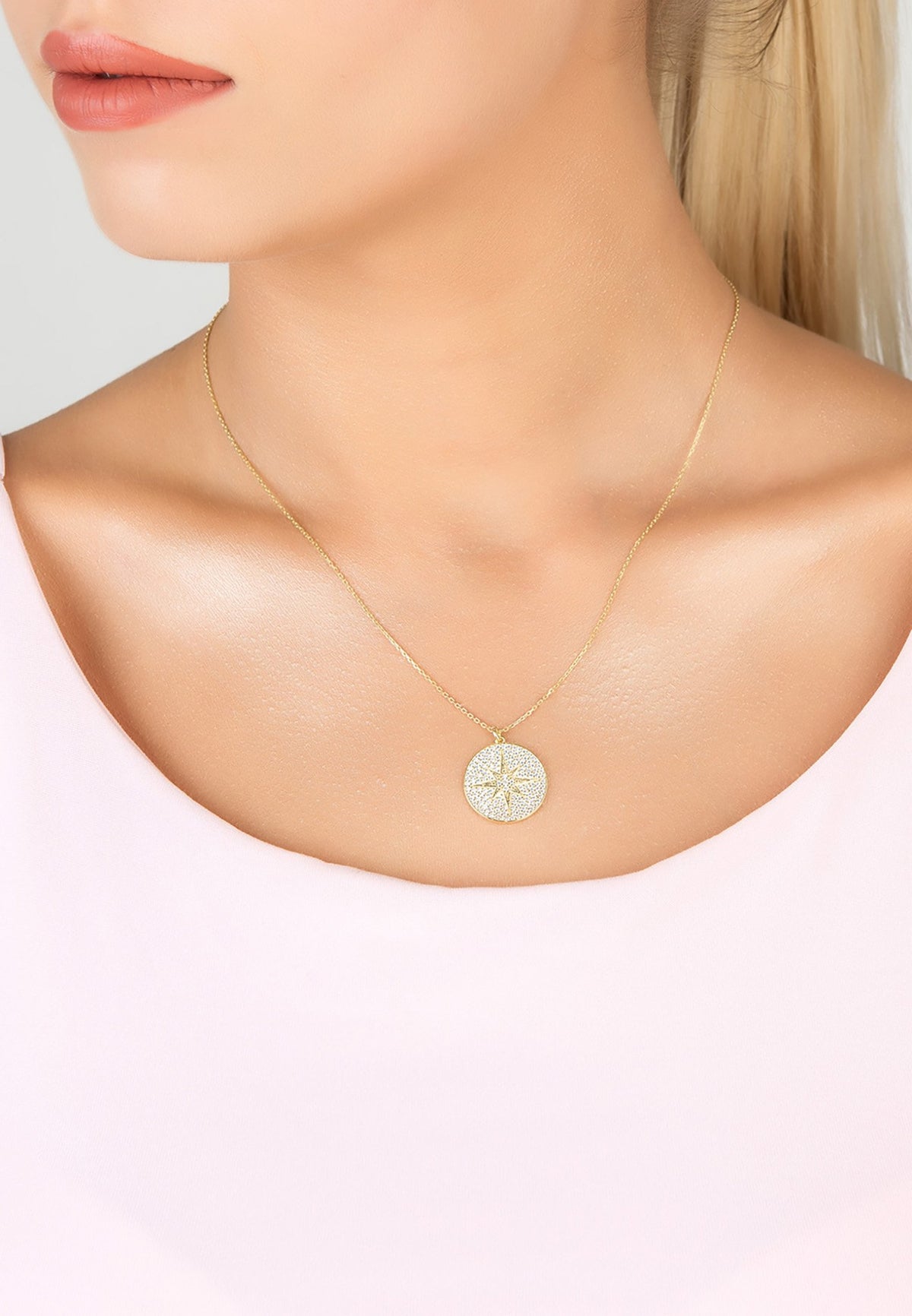 Starburst Disc Pendant Necklace Gold