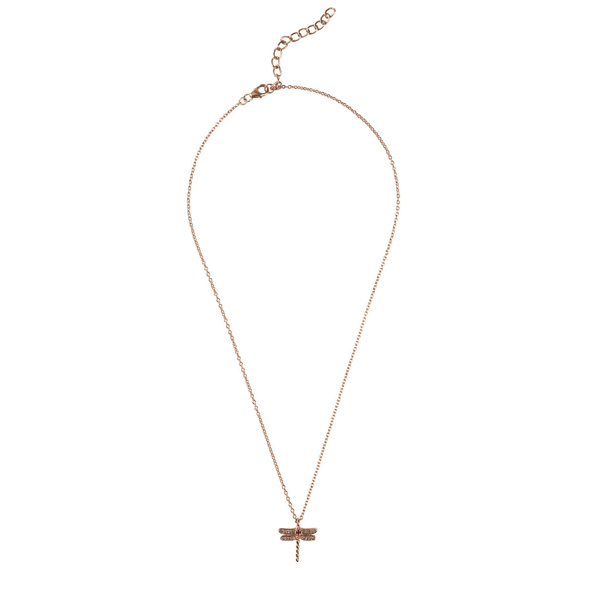Diamond &amp; Ruby Dragonfly Necklace Rosegold