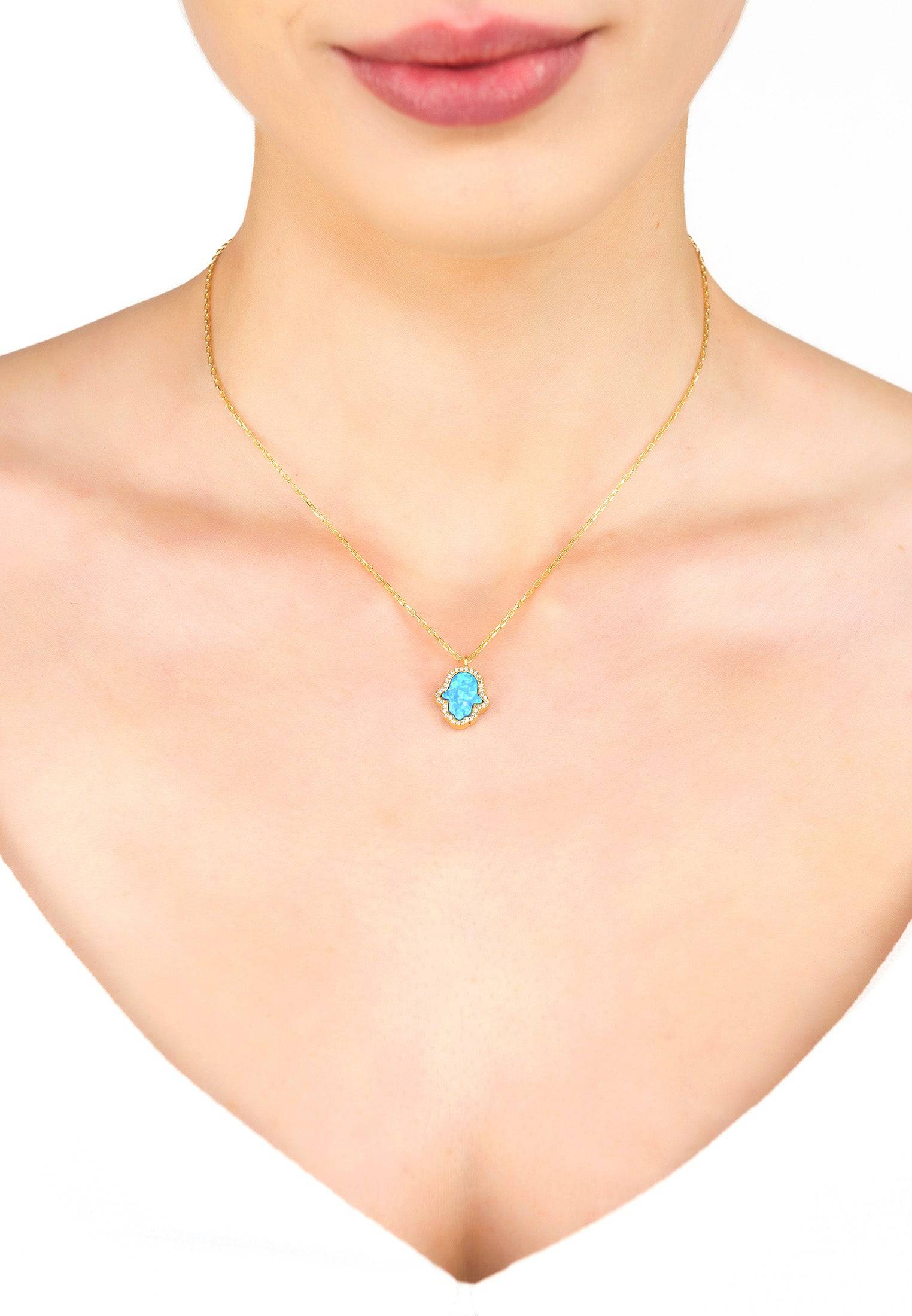 Hamsa Opalite Turquoise Blue Necklace Gold