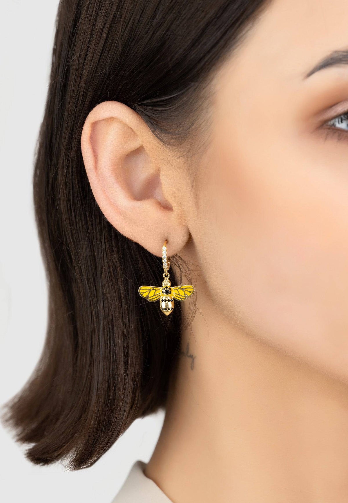 Enamel Bee Drop Hoop Earrings Gold