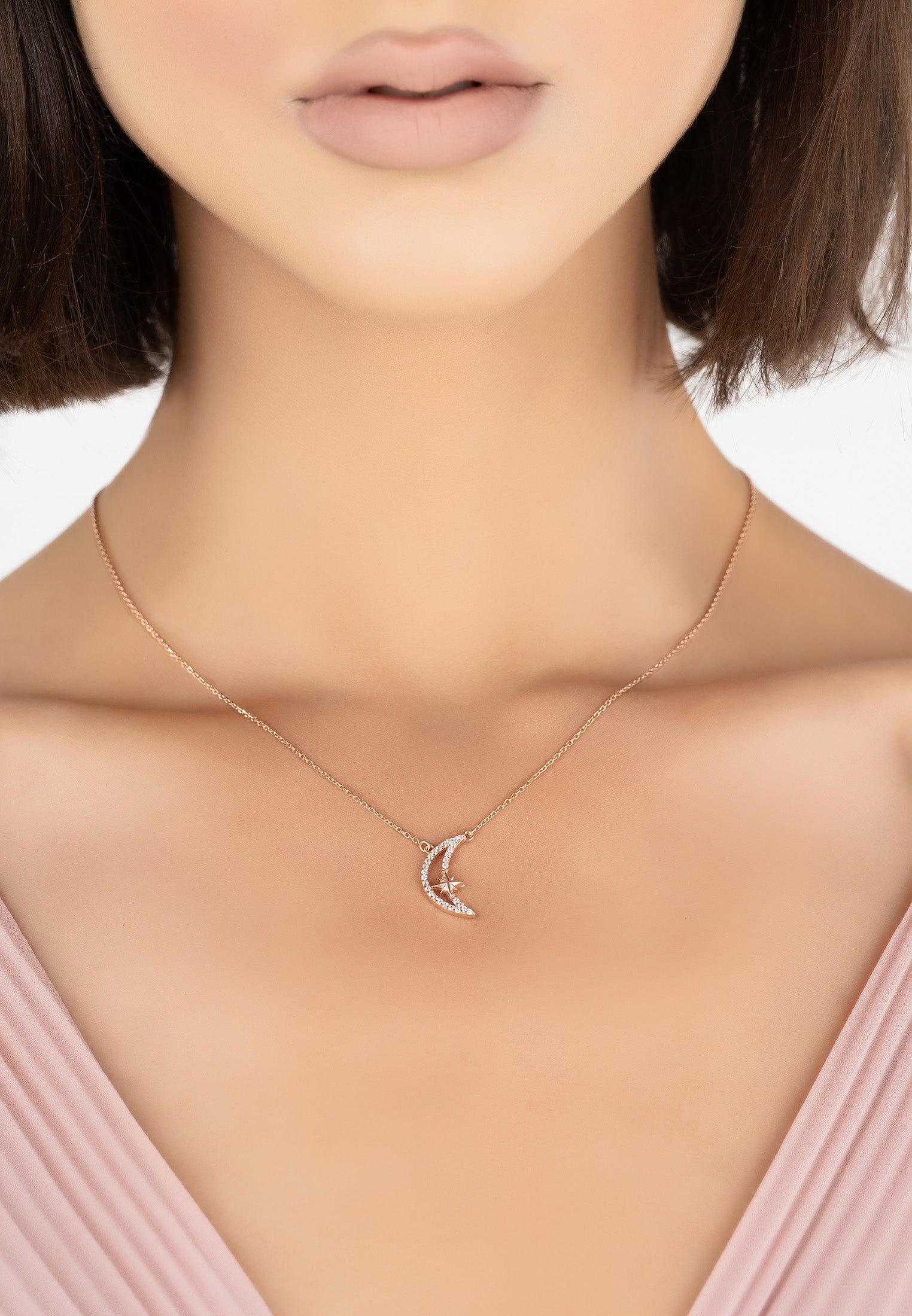 Sparkling Crescent Moon and Star Necklace Rosegold