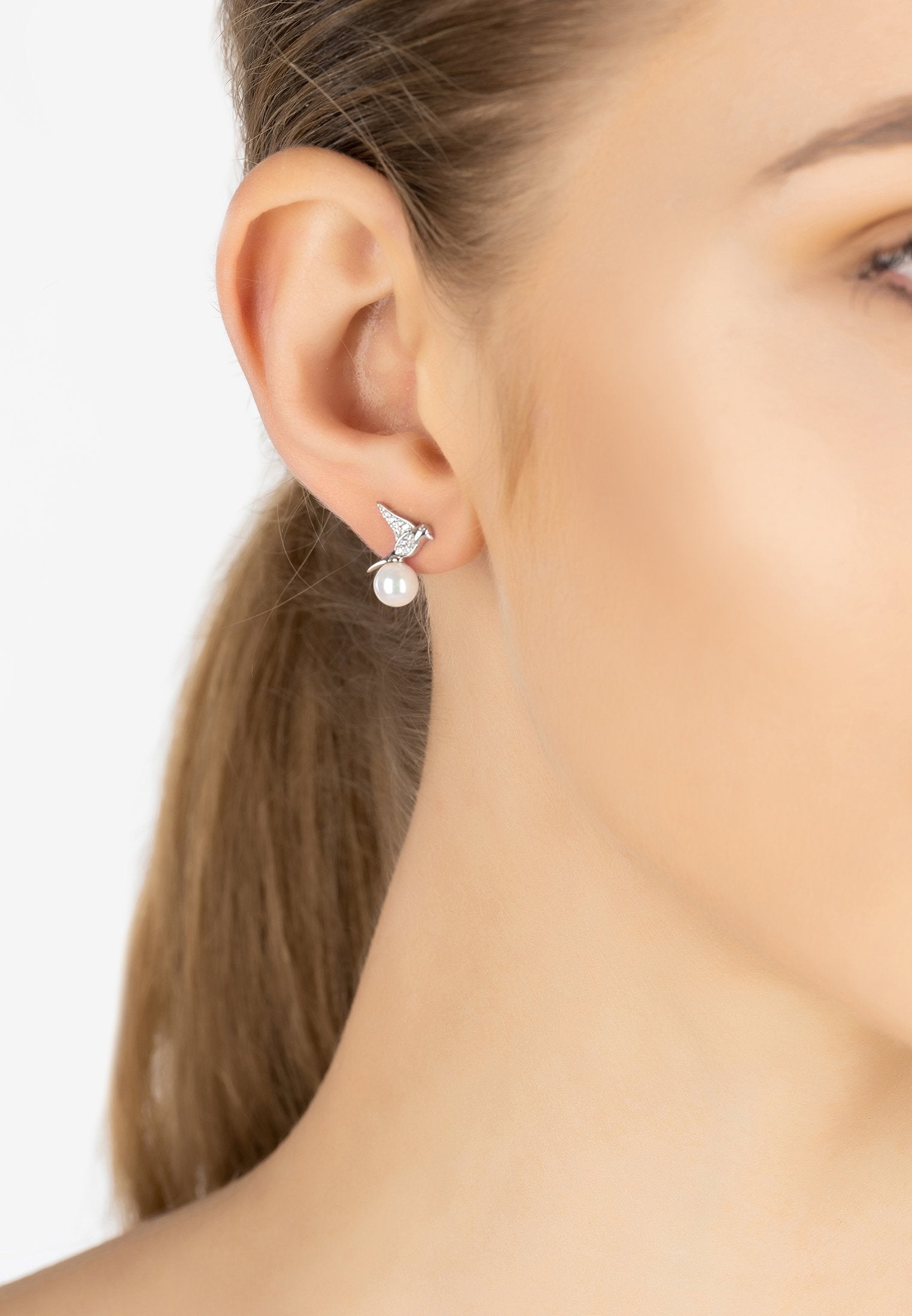 Swallows and Pearl Stud Earring Silver