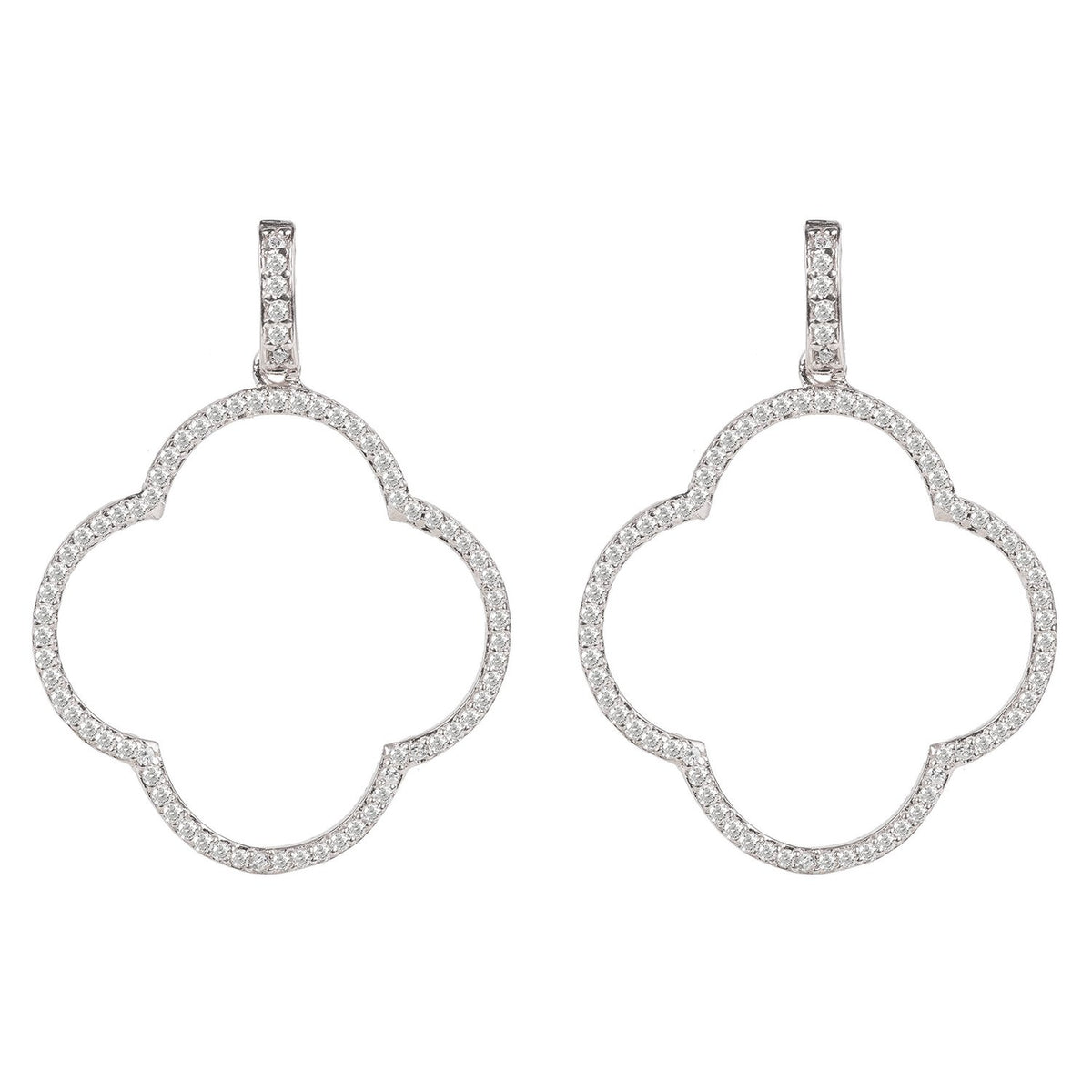 Open Clover Large Drop Earrings White CZ Silver