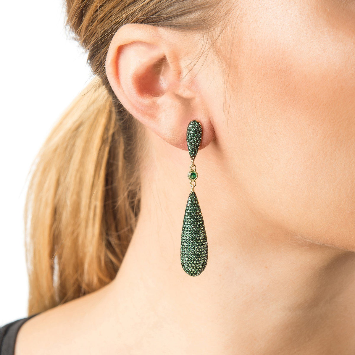 Coco Long Drop Earrings Green CZ