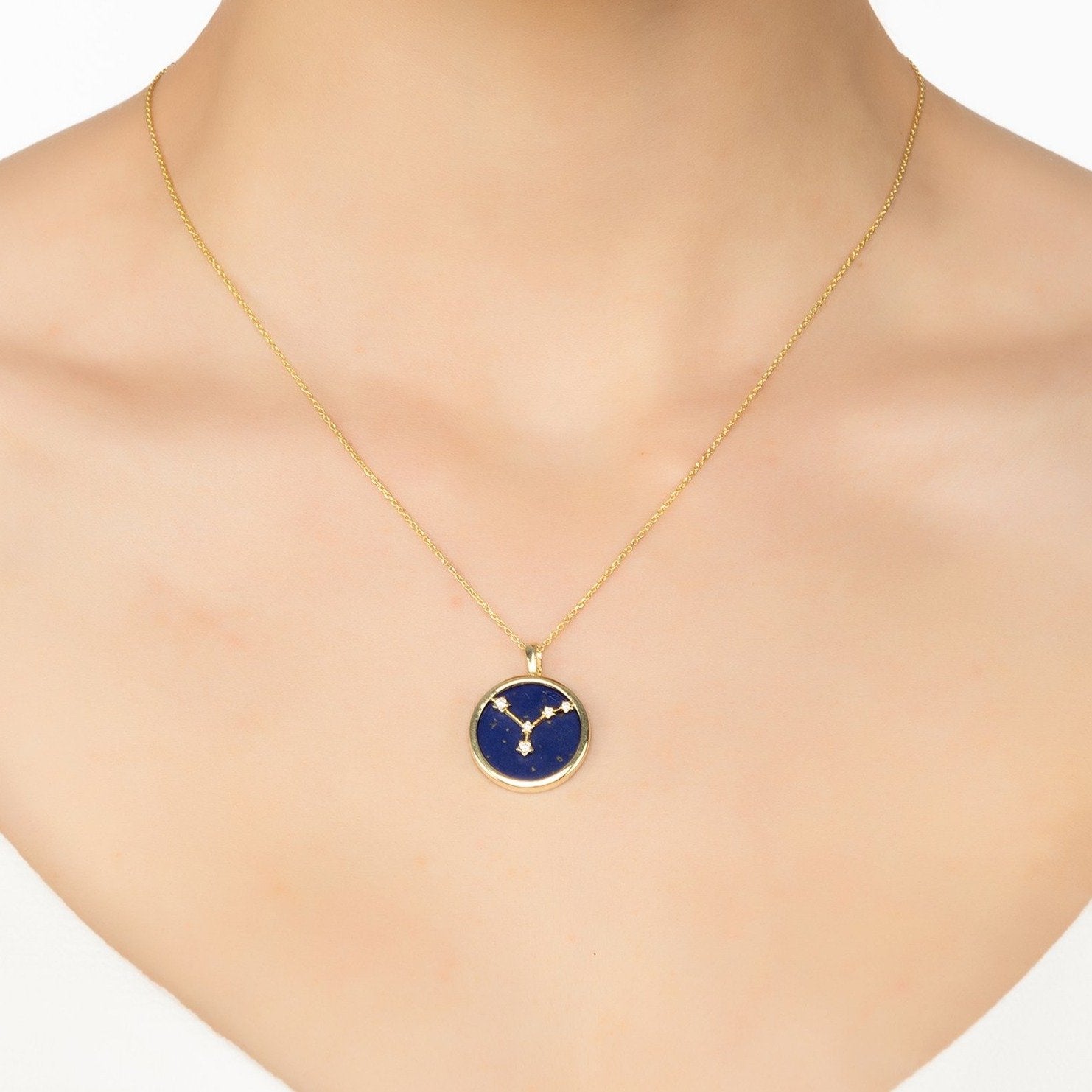 Zodiac Lapis Lazuli Gemstone Star Constellation Pendant Necklace Gold Cancer