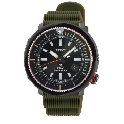 Seiko Prospex Solar Diver&#39;s Olive Green Silicone Strap Watch SNE547P1