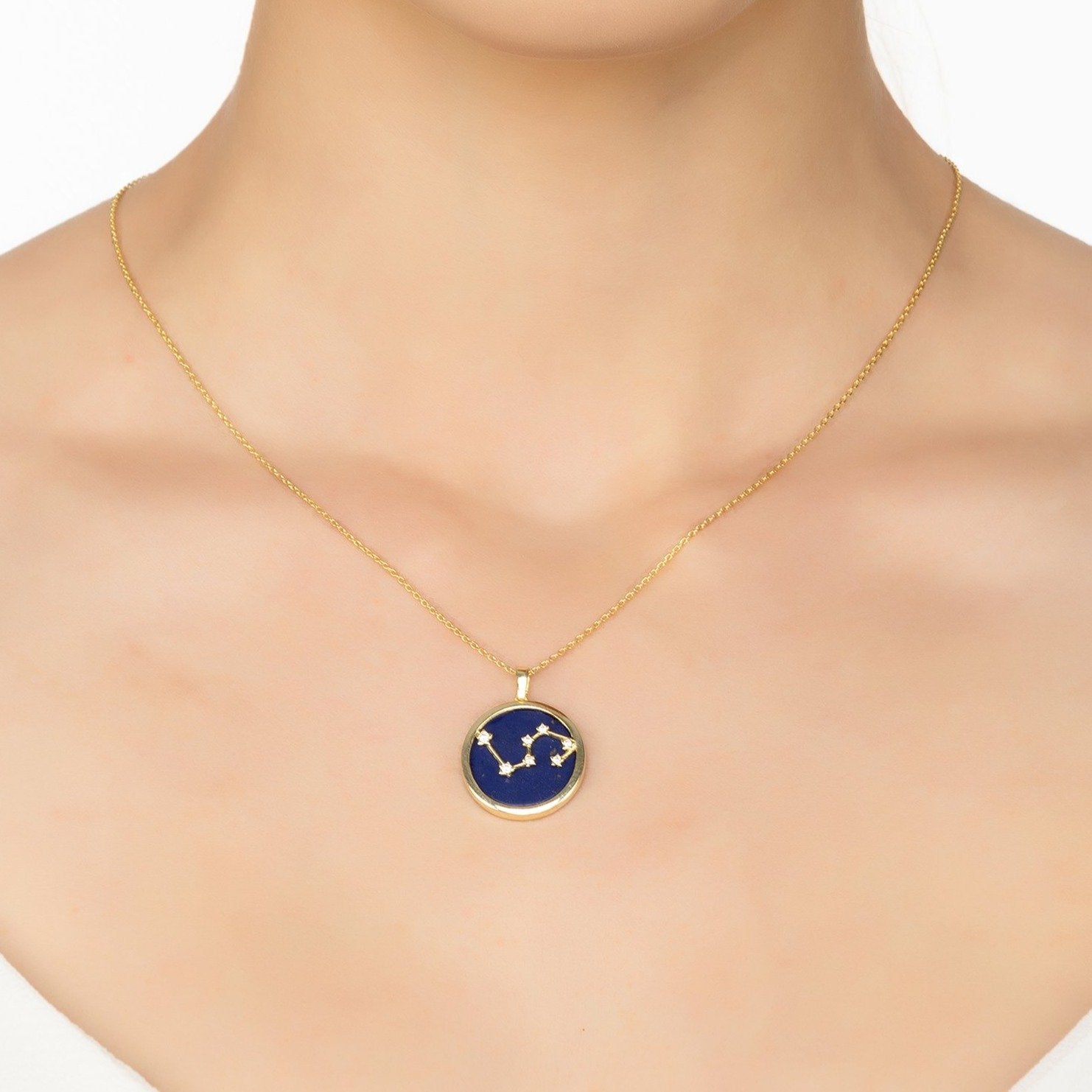 Zodiac Lapis Lazuli Gemstone Star Constellation Pendant Necklace Gold Leo