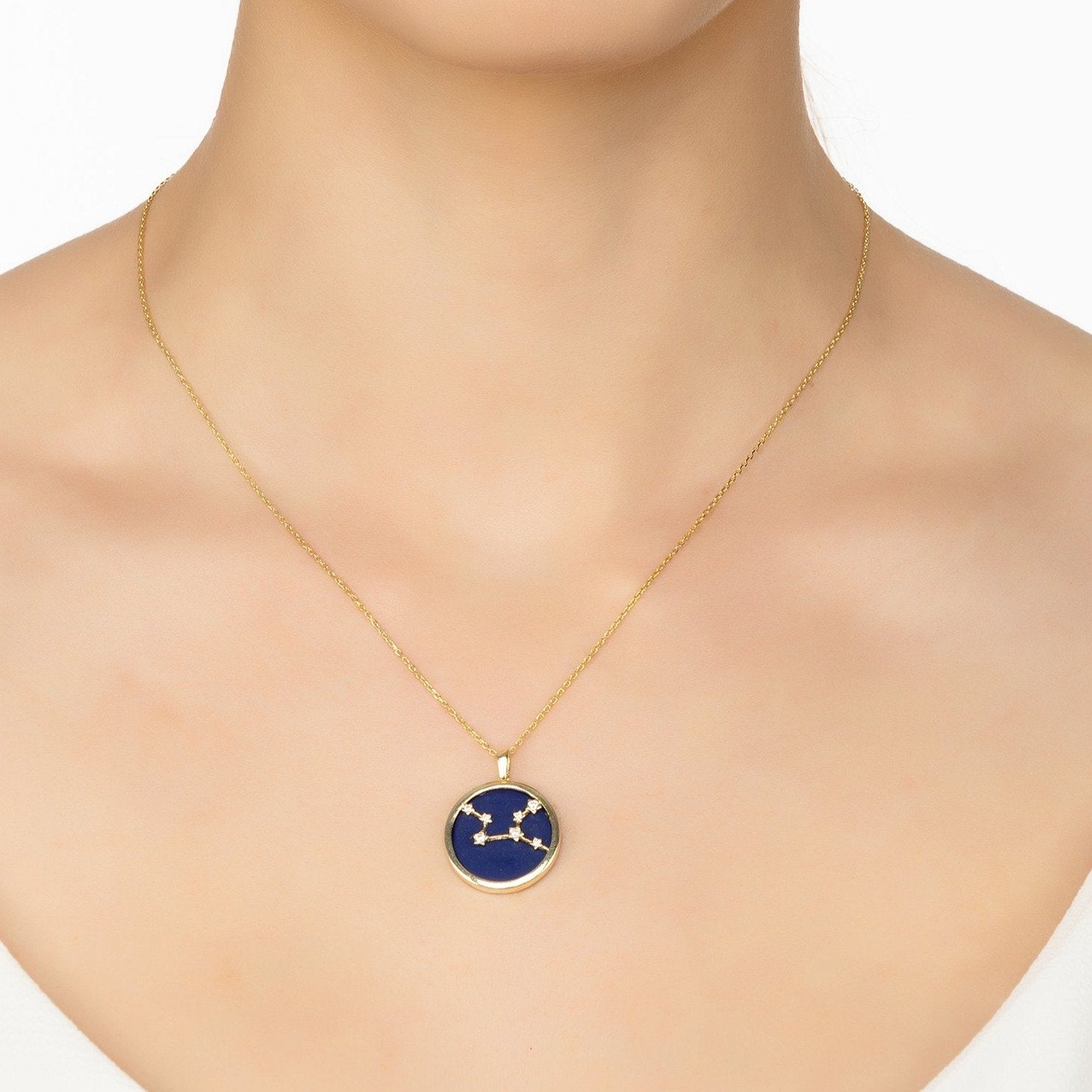 Zodiac Lapis Lazuli Gemstone Star Constellation Pendant Necklace Gold Virgo