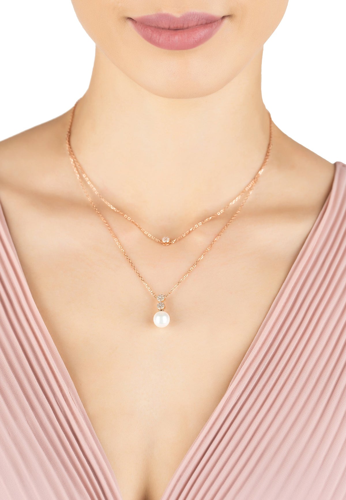 Pearl &amp; Sparkles Layered Necklace Rosegold