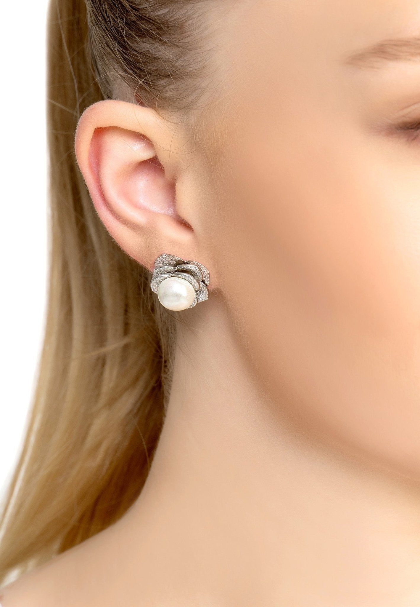 Pearl and Rose Petals Stud Earrings Silver