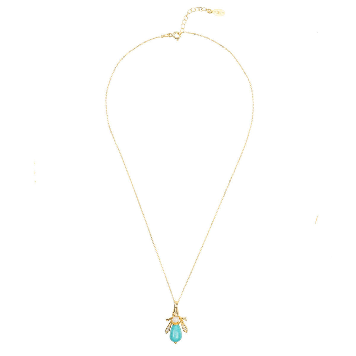Turquoise &amp; Pearl Gemstone Bee Pendant Necklace Gold