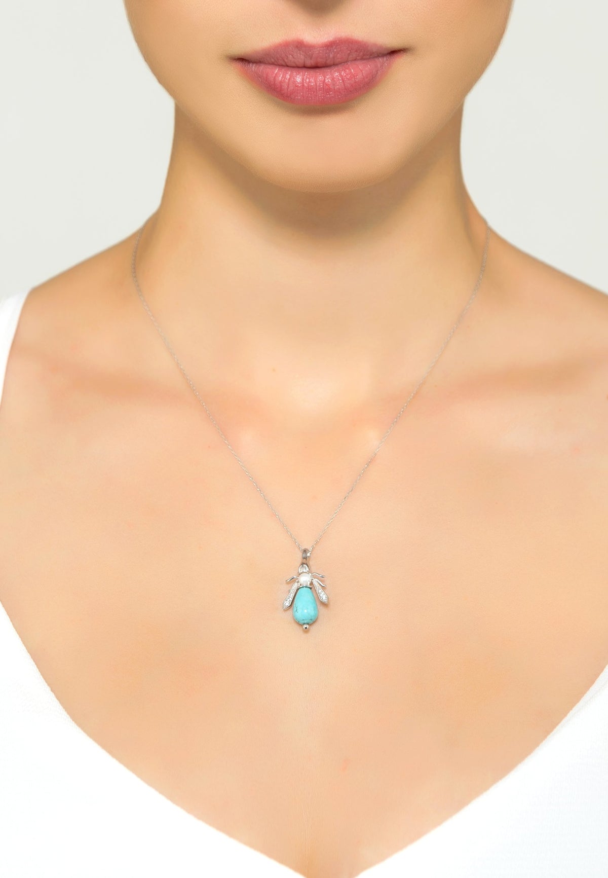 Turquoise &amp; Pearl Honey Bee Necklace Silver