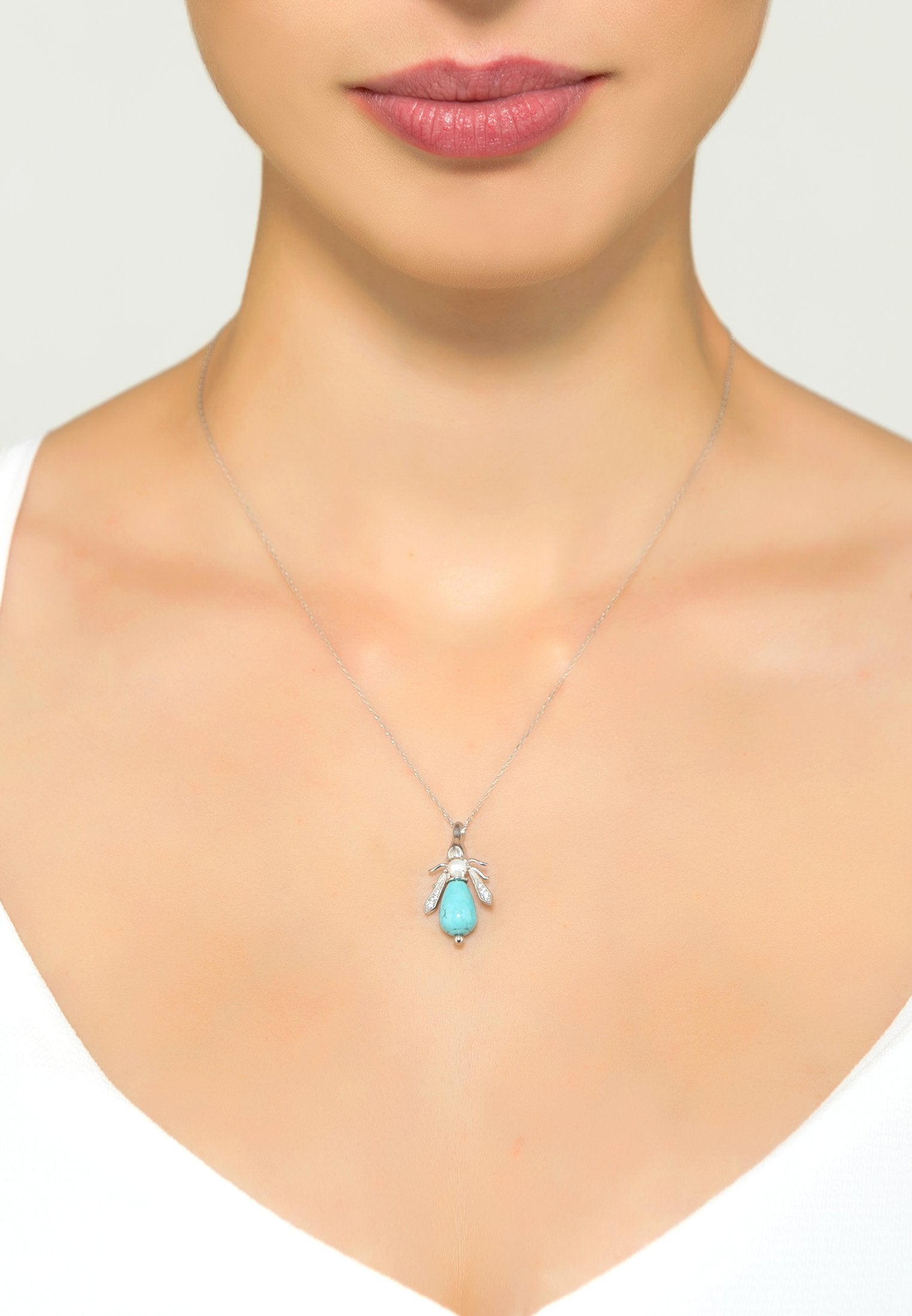 Turquoise & Pearl Honey Bee Necklace Silver