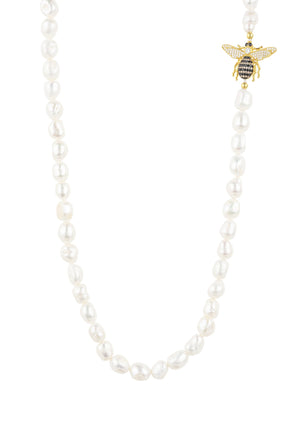 Honey Bee Pearl Gemstone Long Necklace Gold