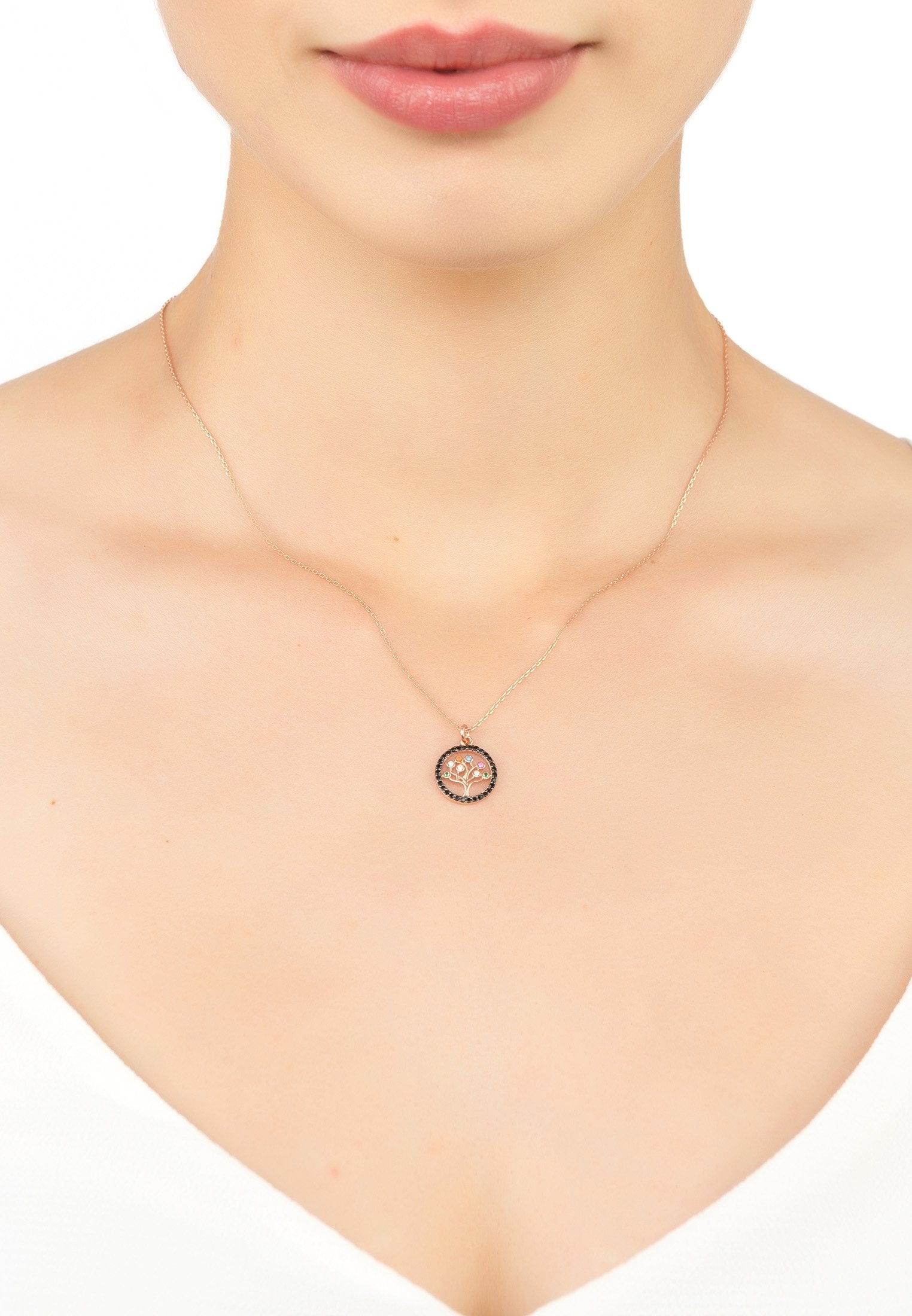 Tree of Life Chakra Pendant Necklace Black Rosegold