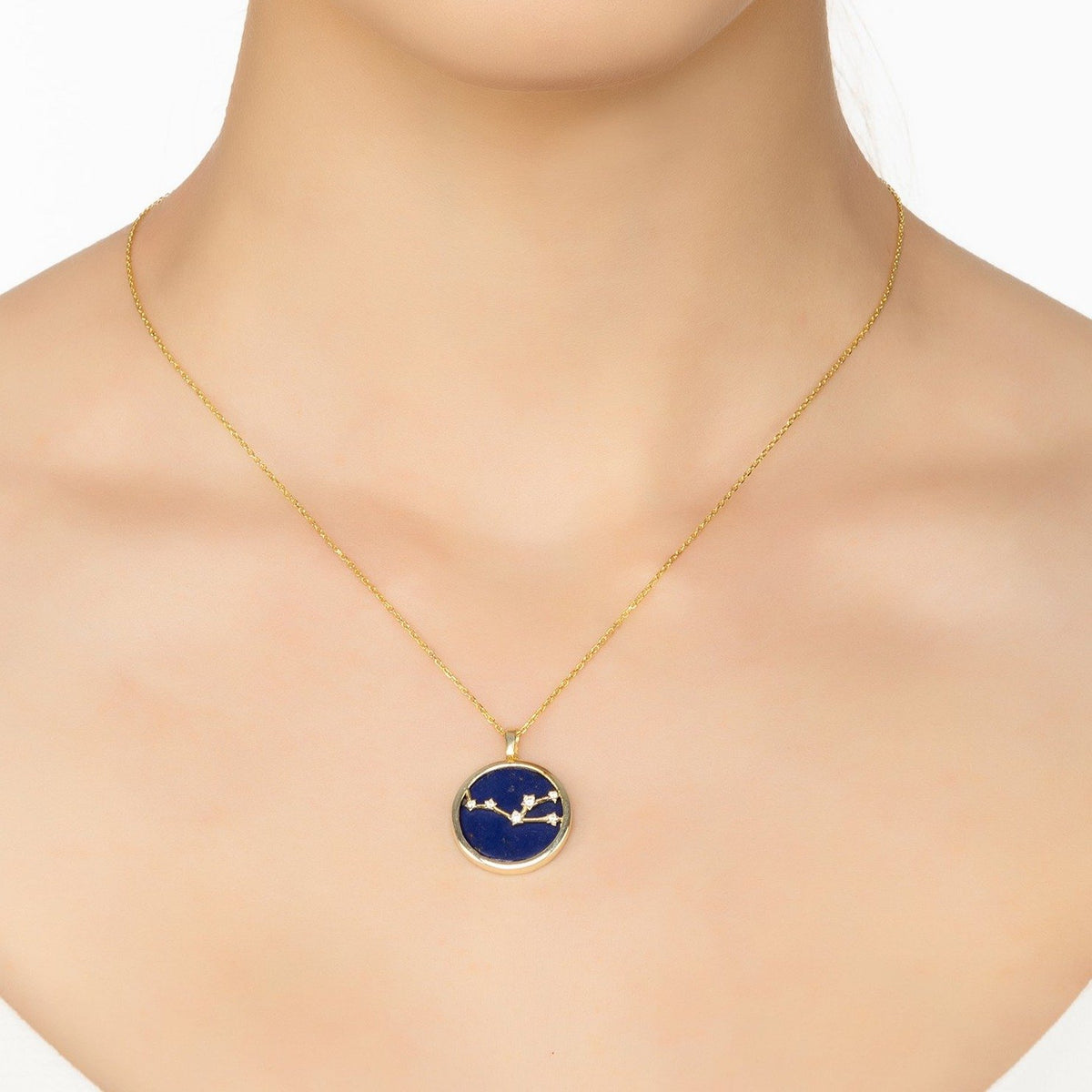 Zodiac Lapis Lazuli Gemstone Star Constellation Pendant Necklace Gold Taurus