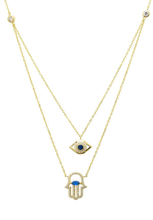 Hamsa Hand and Evil Eye Layered Necklace Gold