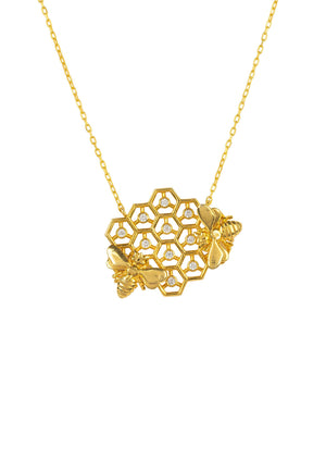 Queen Bee Honey Comb Necklace Gold