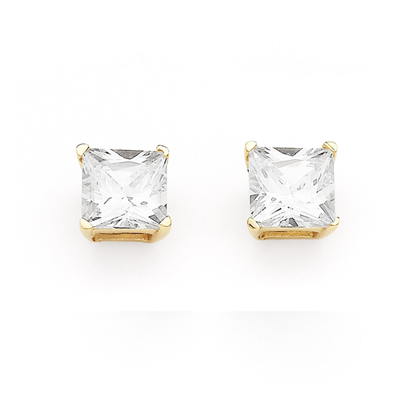 9CT Yellow Gold 5mm CZ Princess Cut Earrings CH9699