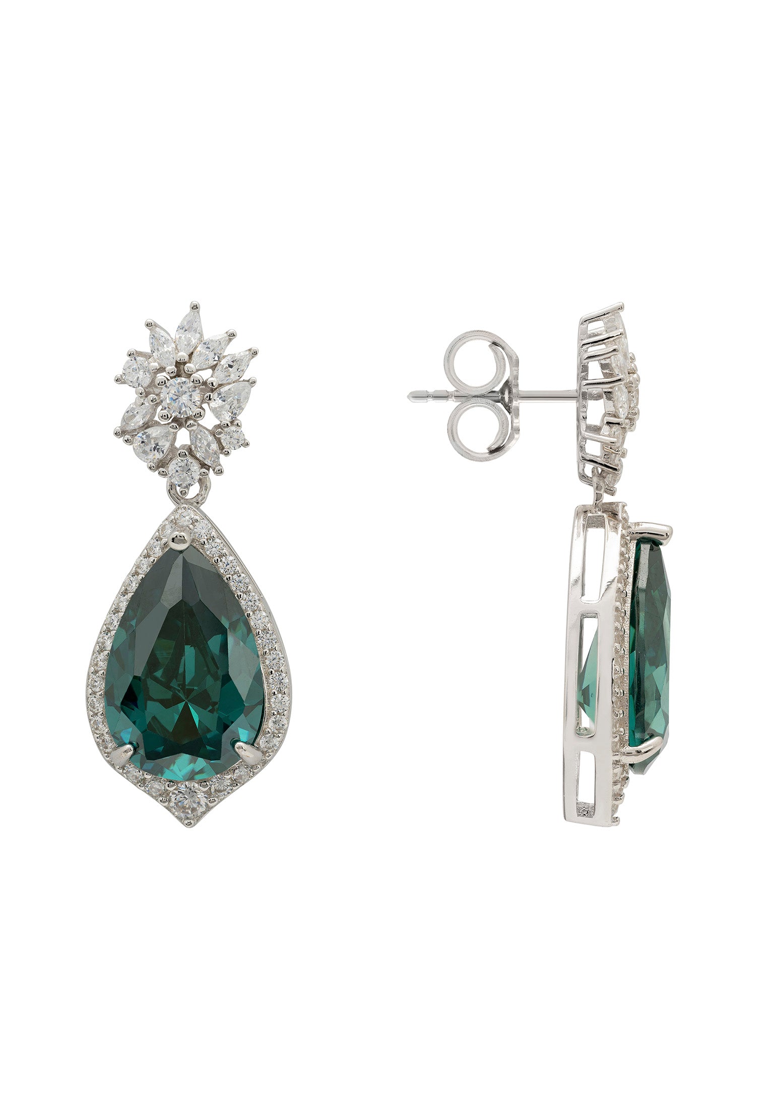 Olivia Teardrop Crystal Drop Earrings Emerald Green Silver