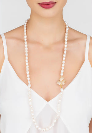 Flower Pearl Gemstone Long Necklace White CZ Gold