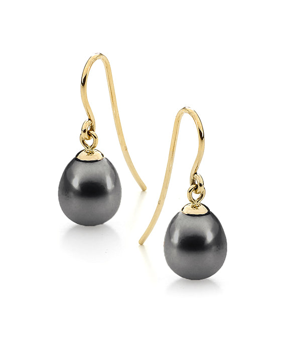 9K Yellow Gold Black Freshwater Pearl Shephard Hooks IP758YG