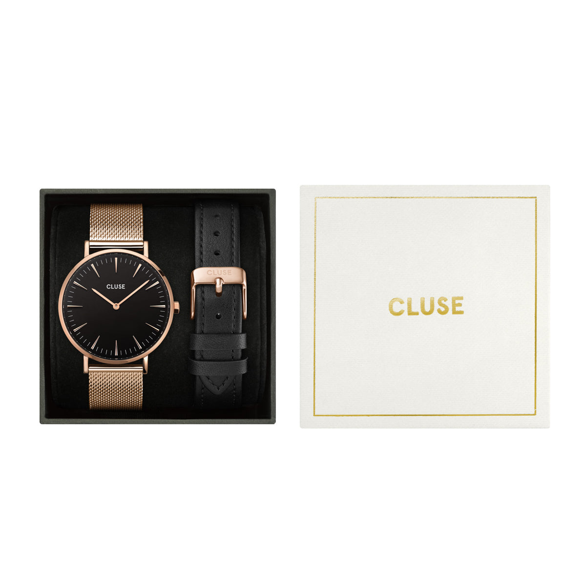 CLUSE Gift Set Boho Chic Rose Gold Mesh/Black Leather Strap CG10106