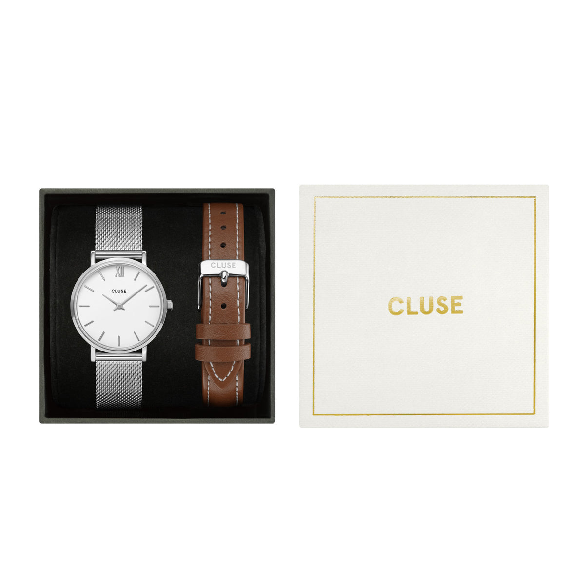 CLUSE Gift Set Minuit Silver Mesh/Brown Leather Strap CG10207