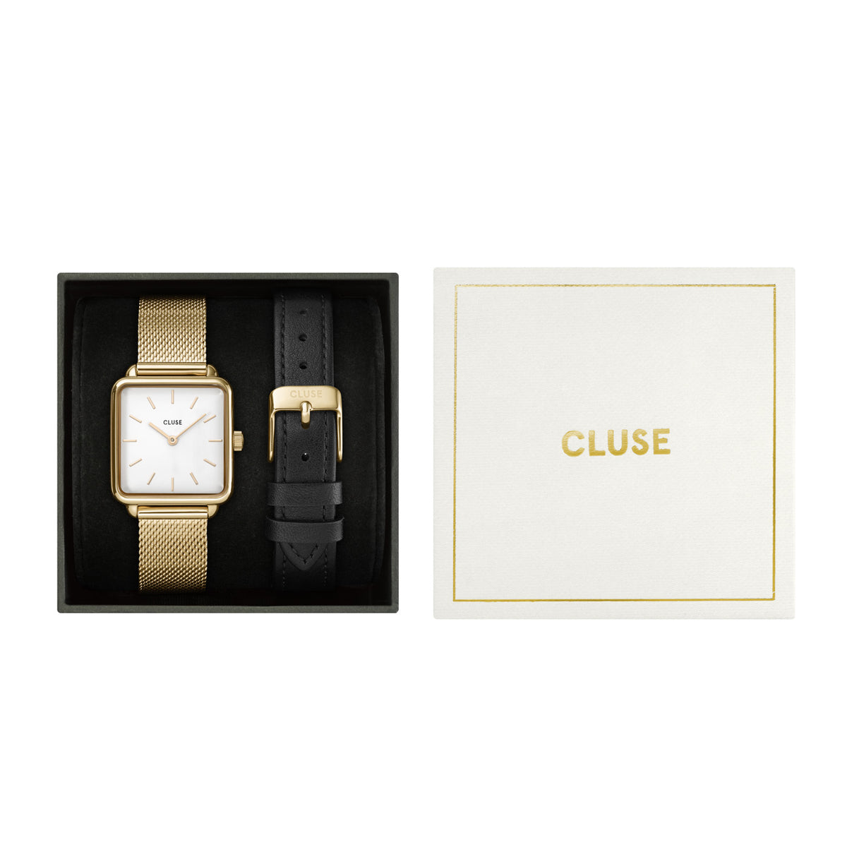 CLUSE Gift Set La Tetragone Gold Mesh/Black Leather Strap CG10318