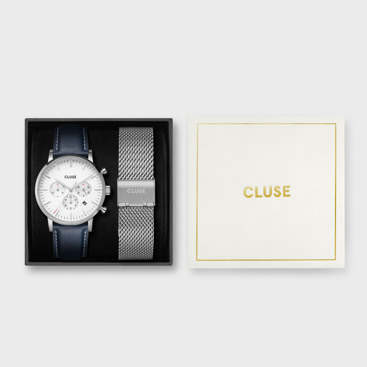 CLUSE Gift Set Aravis Chrono Silver/ Blue Leather and Silver Mesh Strap CG21004