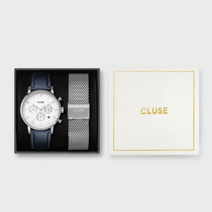 CLUSE Gift Set Aravis Chrono Silver/ Blue Leather and Silver Mesh Strap CG21004
