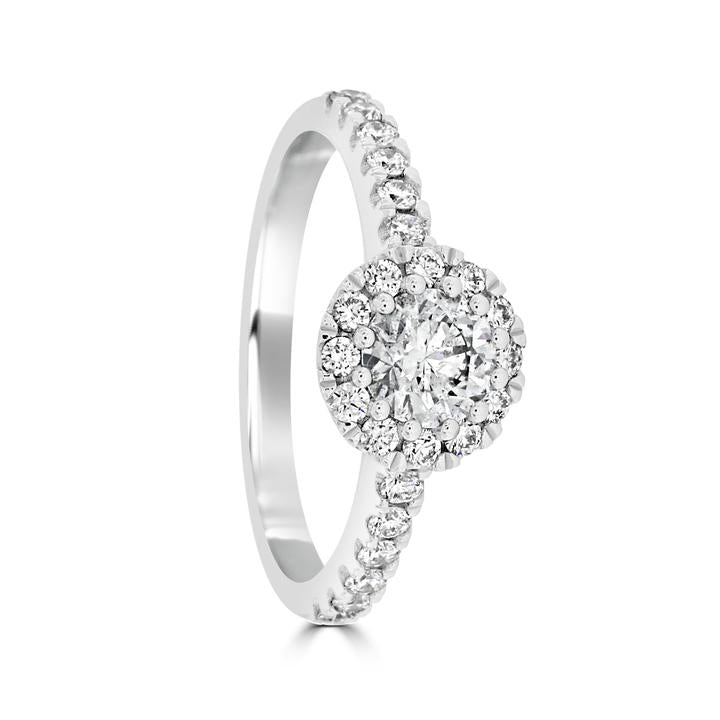 18ct White Gold Diamond Ring with Pave Set Surround and Shoulders