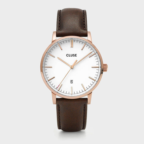 Cluse Mens Aravis Rose Gold White/Dark Brown Leather Watch CW0101501002