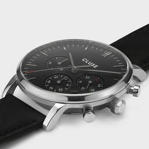 CLUSE Mens Aravis Chronograph Silver Black/Black Leather Watch CW0101502001