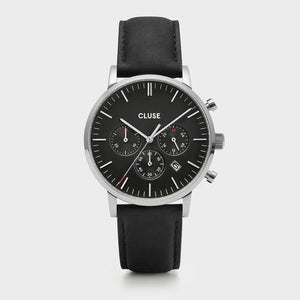 CLUSE Mens Aravis Chronograph Silver Black/Black Leather Watch CW0101502001