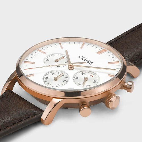 CLUSE Mens Aravis Chronograph Rose Gold White/Brown Leather Watch CW0101502002