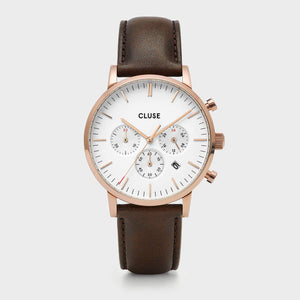 CLUSE Mens Aravis Chronograph Rose Gold White/Brown Leather Watch CW0101502002