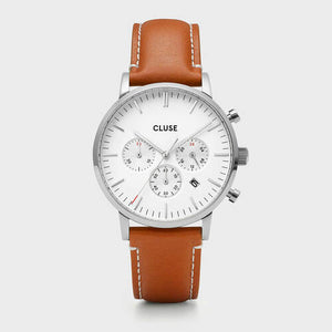 CLUSE Mens Aravis Chronograph Silver White/Light Brown Leather Watch CW0101502003
