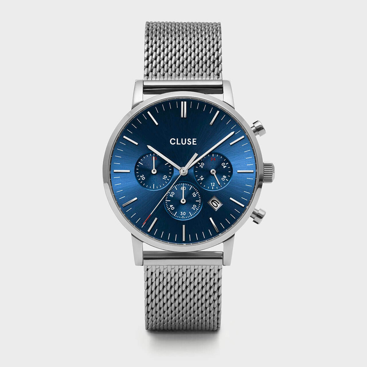 CLUSE Mens Aravis Chronograph Silver Dark Blue/Silver Mesh Watch CW0101502004