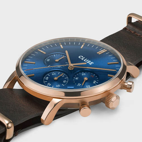 CLUSE Mens Aravis Chronograph Rose Gold Dark Blue/Brown Nato Watch CW0101502008