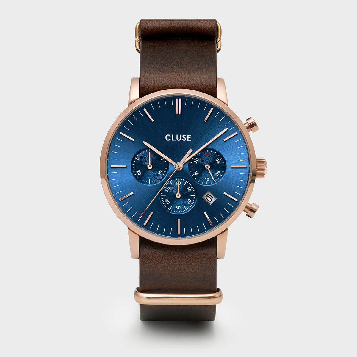 CLUSE Mens Aravis Chronograph Rose Gold Dark Blue/Brown Nato Watch CW0101502008