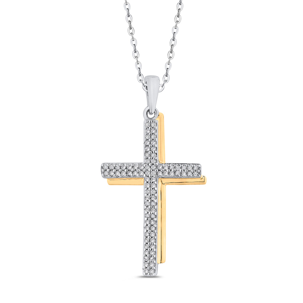 9K Two Tone Diamond Pave Cross Pendant ESCR6495