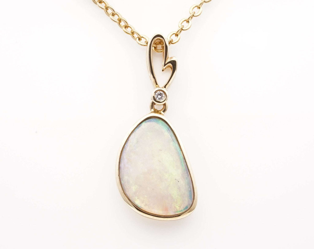 14CT Yellow Gold White Opal and Diamond Pendant