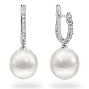 18K 10-11mm White South Sea Pearl Diamond Drop Earrings