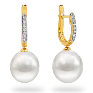 18K 10-11mm White South Sea Pearl Diamond Drop Earrings