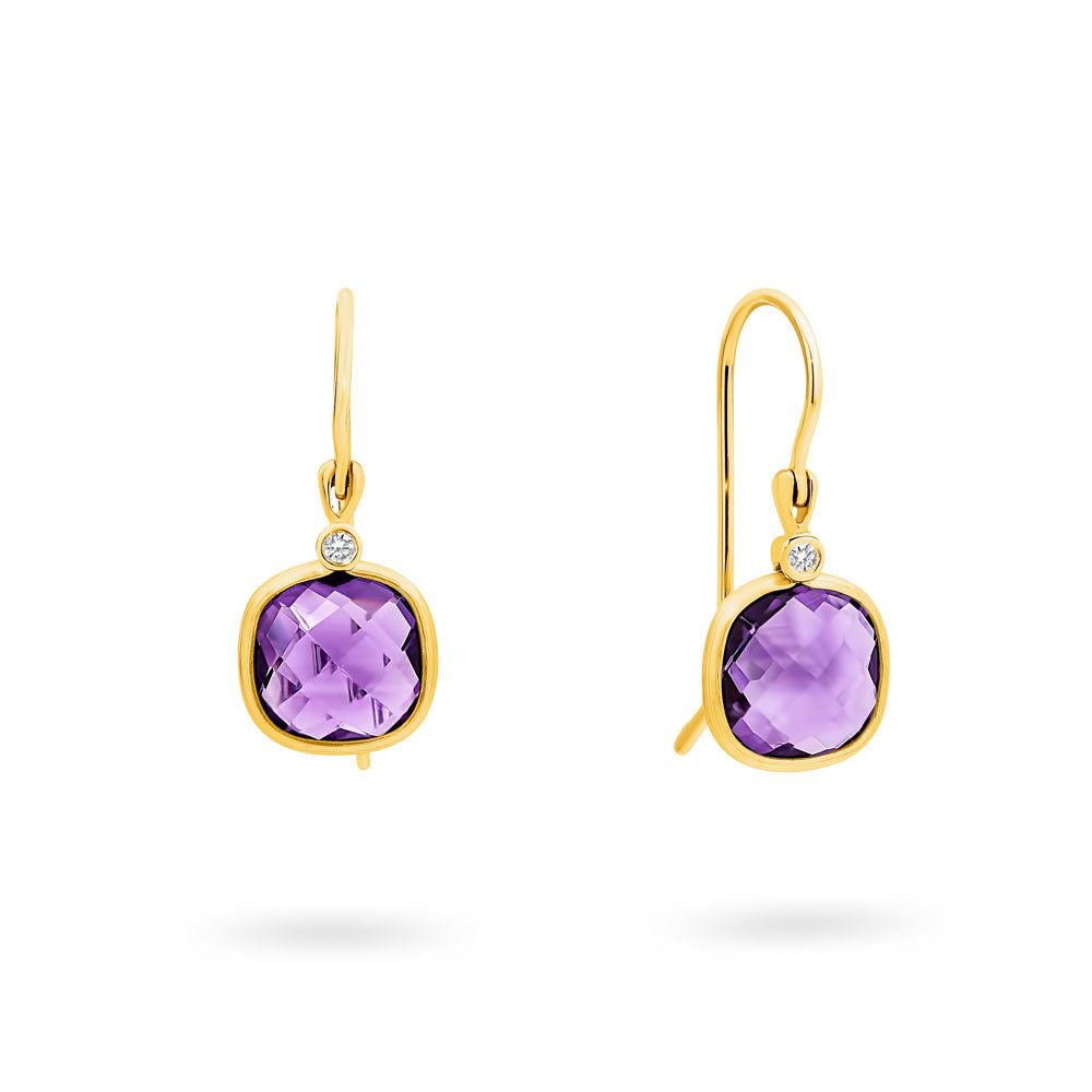 9K Rose Gold Cushion Cut Amethyst Drop Earrings 8x8mm
