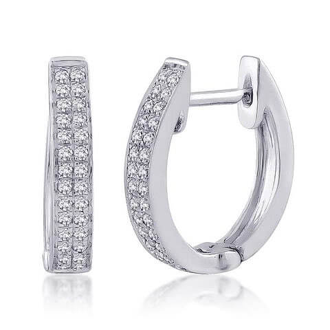 9K White Gold Oval Diamond Huggie Earrings 2 Row Pave